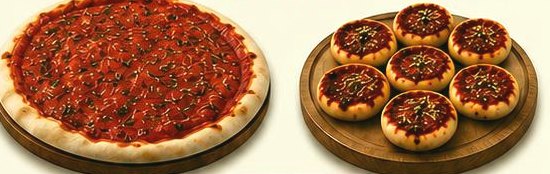 Una prepizza grande con salsa junto a una tabla con seis pizzetas