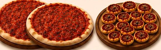 Dos prepizzas grandes con salsa junto a una tabla con doce pizzetas