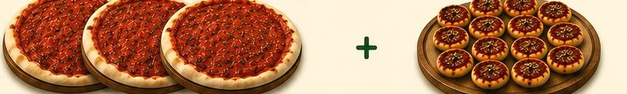 Tres prepizzas grandes con salsa y una tabla con dieciocho pizzetas
