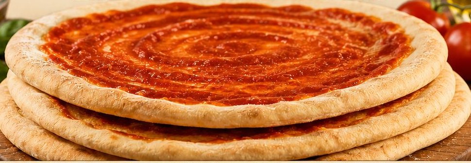 Tres prepizzas grandes con salsa de tomate apiladas sobre una tabla de madera, con tomates y albahaca